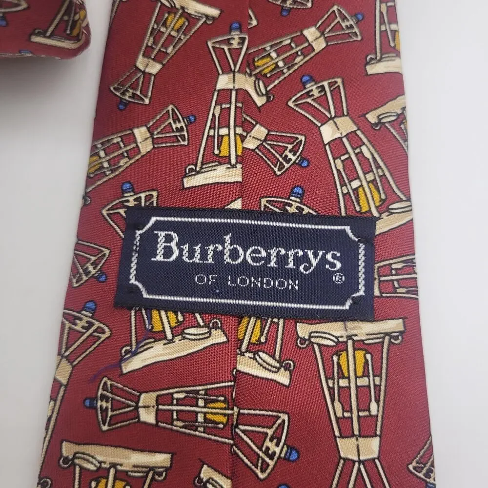 Vintage Burberrys Tie Red‎ Geometric Lantern Silk Necktie Hand Sewn USA 90s